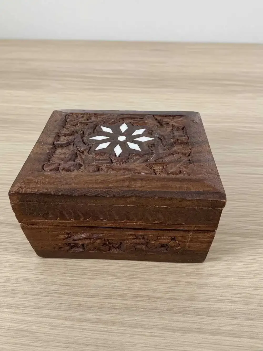Vintage Carved Wood Trinket Box, Mother of Pearl Inlay, Hand Carved Floral